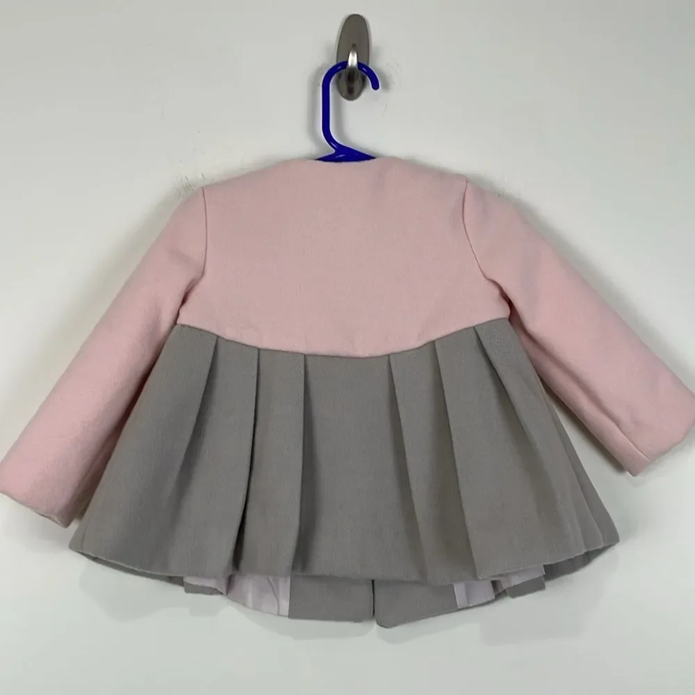 Tahari Baby Dress Coat 12 Months Gray Pink Button Front Pleated